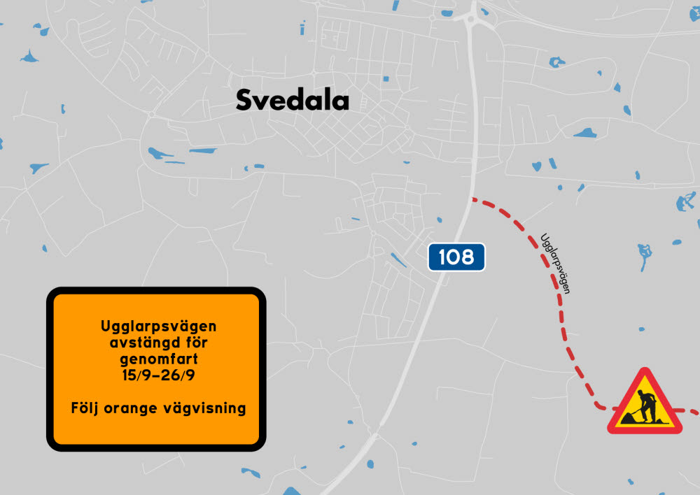 Karta över avstängningen av Ugglarpsvägen i Svedala. Illustration.