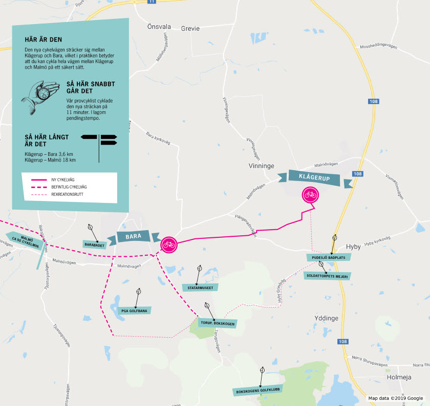 Karta med cykelvtäg Klågerup-Bara-Malmö. Karta: Region Skåne