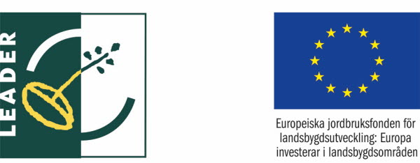 Logotyp Leader och EU med texten Europeiska jordbruksfonden för landsbygdsutveckling: Europa investerar i landsbygdsområden, illustration.