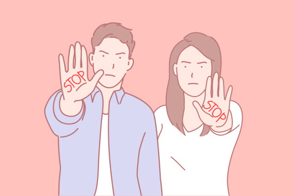 Två personer står bredvid varandra och håller upp var sin hand med texten STOP. Illustration.