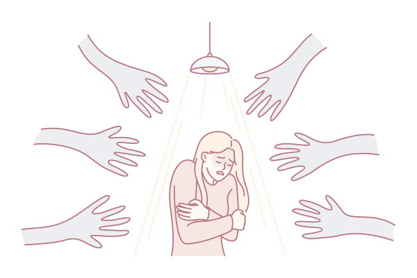 En person står och håller om sig i en dusch. Flera händer sträcker sig efter personen. Illustration.