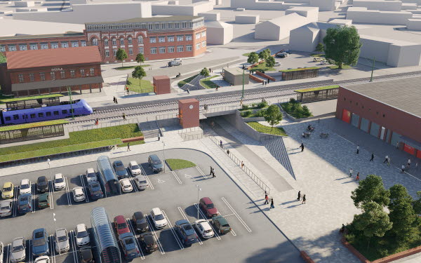 Illustrationsbild från södra  sidan över nya stationsområdet i Svedala. 