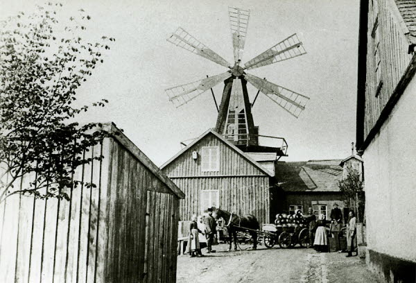En svartvit arkivbild. Några människor står vid en häst och vagn på en innergård. I bakgrunden ser man en mölla. Foto. 
