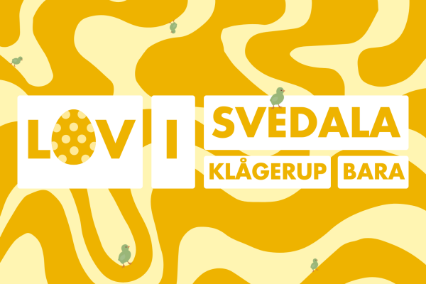 En illustration med påskfärger, ägg och texten "Lov i Svedala, Klågerup och Bara. 