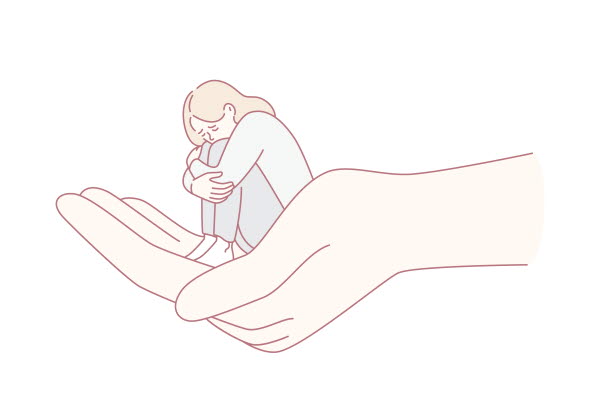 Ett barn sitter ihopkrupen i en hand. Illustration.