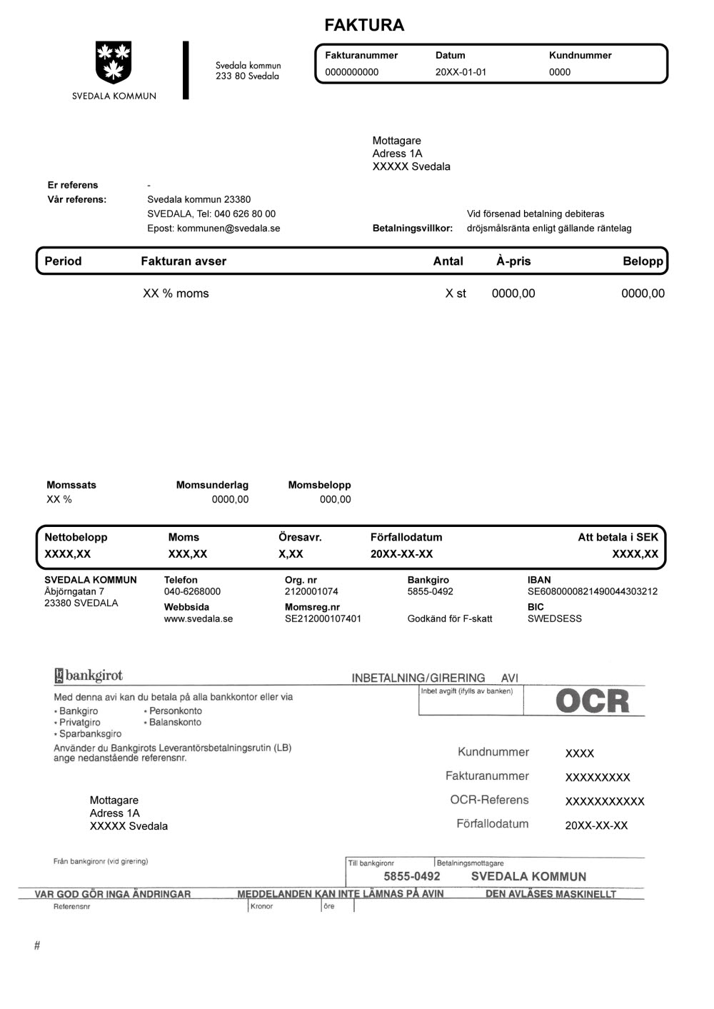 Faktura fr&aring;n Svedala kommun med logotyp, fakturadetaljer, tabell med artikel, moms och betalningsinformation