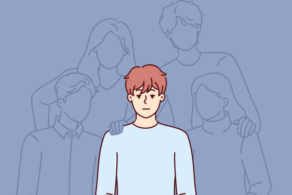 En person står mitt i en grupp på fyra. En av de fyra håller en hand på personens axel. Illustration.