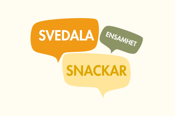 Tre pratbubblor med texterna "Svedala", "Snackar" och "Ensamhet". Illustration.