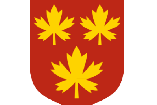 Logga Svedala kommun - vapen i röd färg med tre gula löv med texten "Svedala kommun" placerad under, illustration.