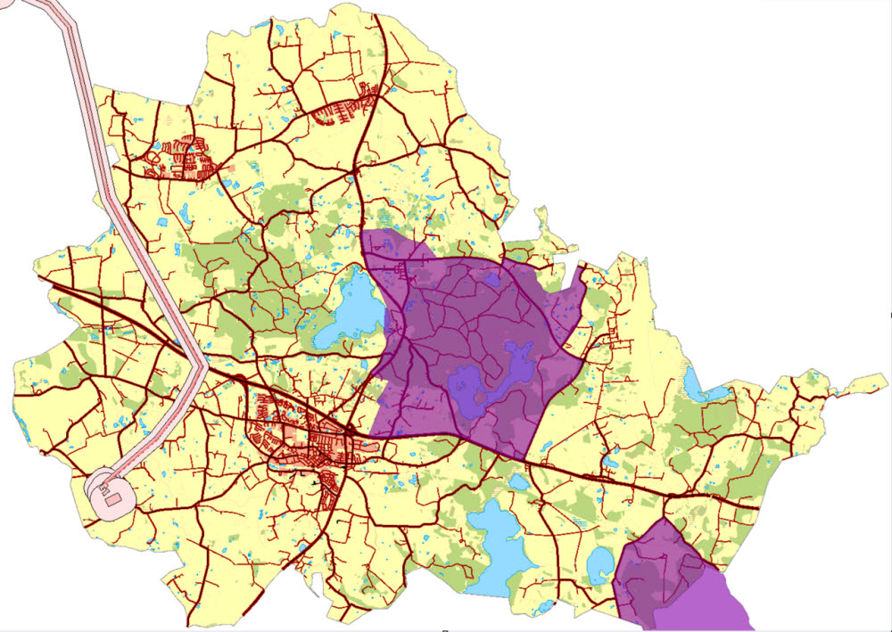 Karta som visar var lovplikt gäller inom eller i anslutning till de markerade områdena på kartan. Illustration
