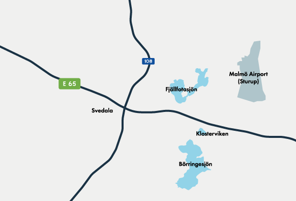 Områdeskarta över fjällfotasjön, Klosterviken och Börringesjön