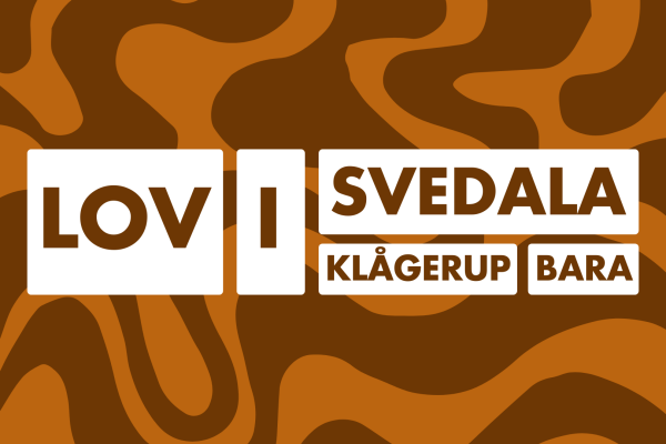 Brun bakgrund. Framför står det Lov i Svedala, Klågerup, Bara.